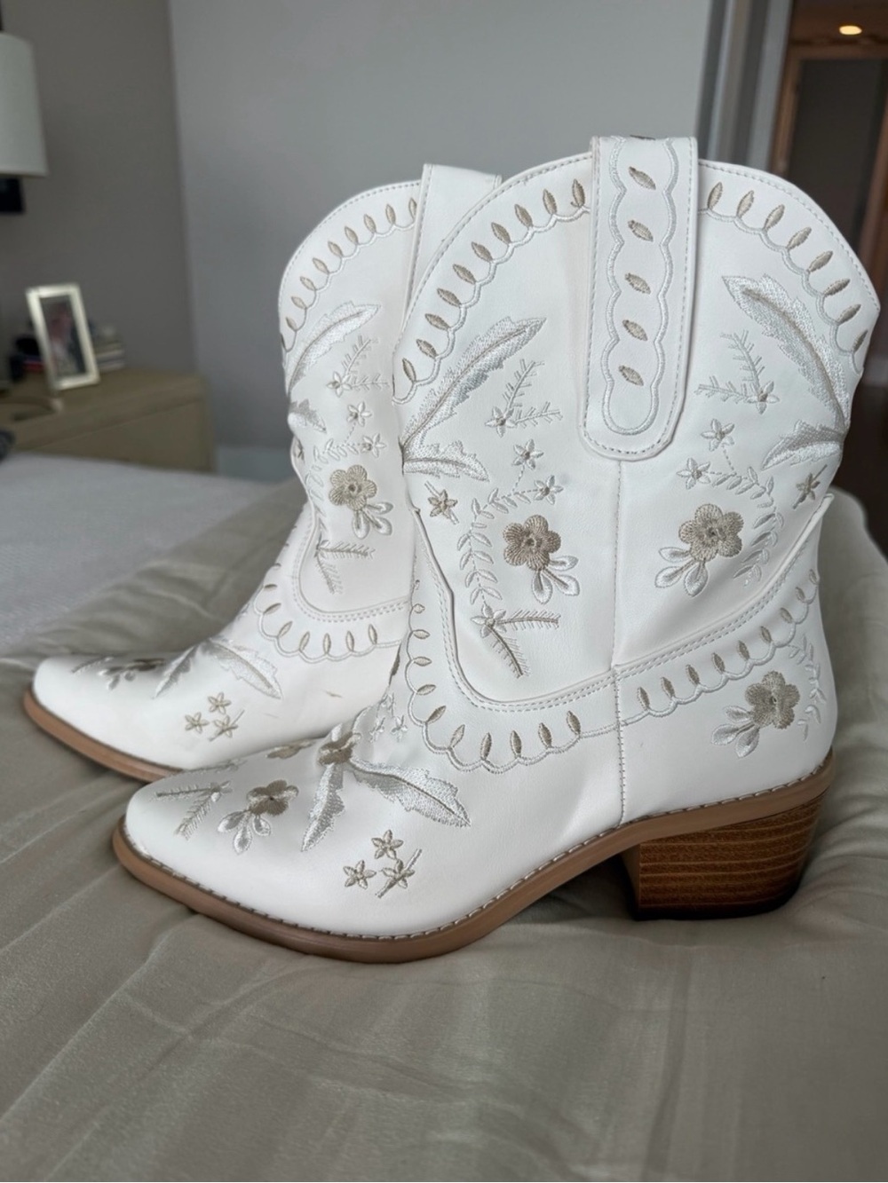 White Embroidered Western ankle Boots- Women's